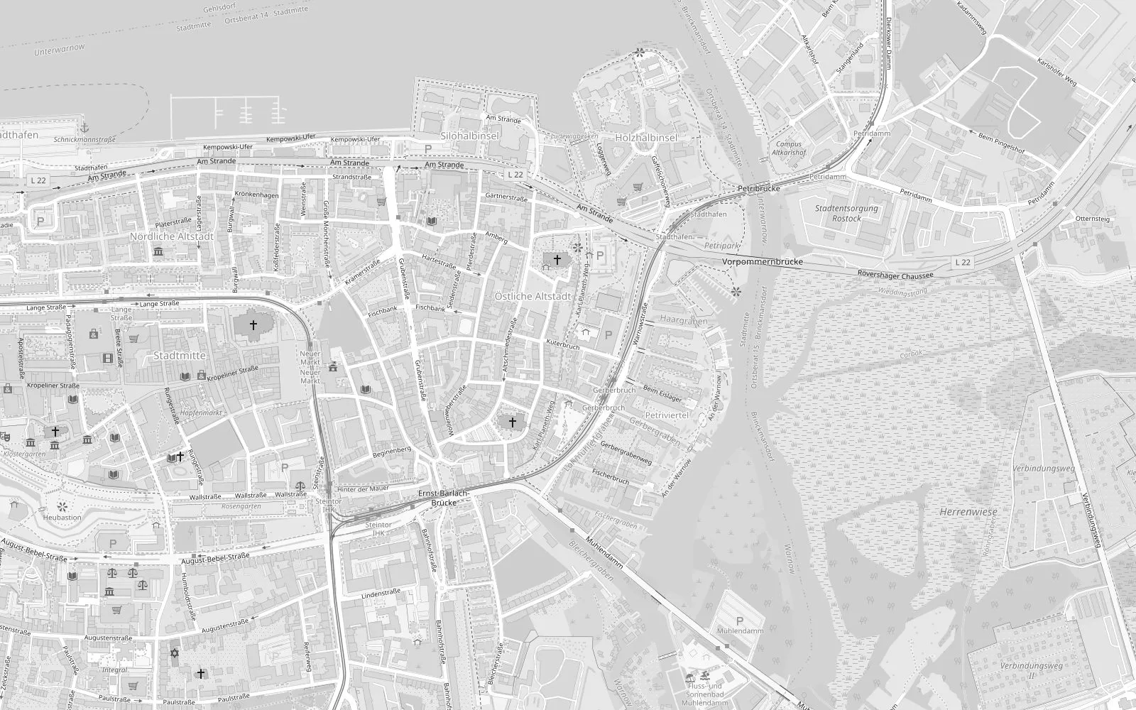 Karte der östlichen Altstadt von Rostock mit der Lage der Ferienwohnung am Küterbruch